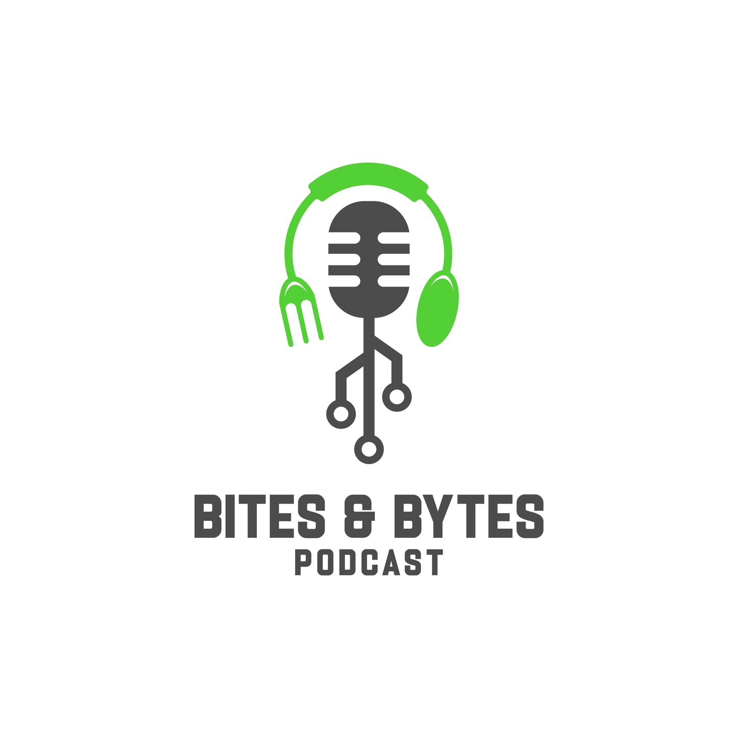 Logo for Bites & Bytes Podcast with a microphone and headphones design on a white background.