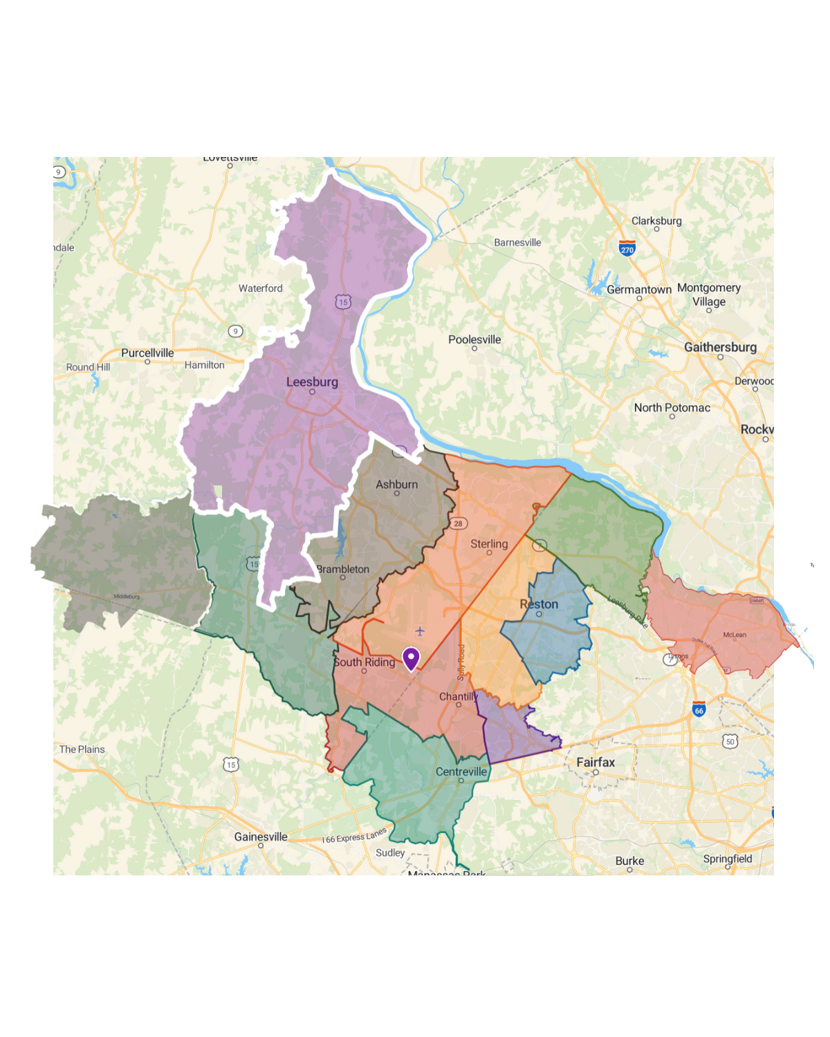Color-coded district map highlighting regions across Loudoun and Fairfax Counties, including Leesburg, Ashburn, Sterling, Reston, Chantilly, Centreville, and South Riding.