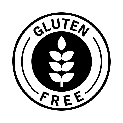 Black and white circular gluten-free certification icon with a grain stalk in the center and the words ‘Gluten Free’ around it.