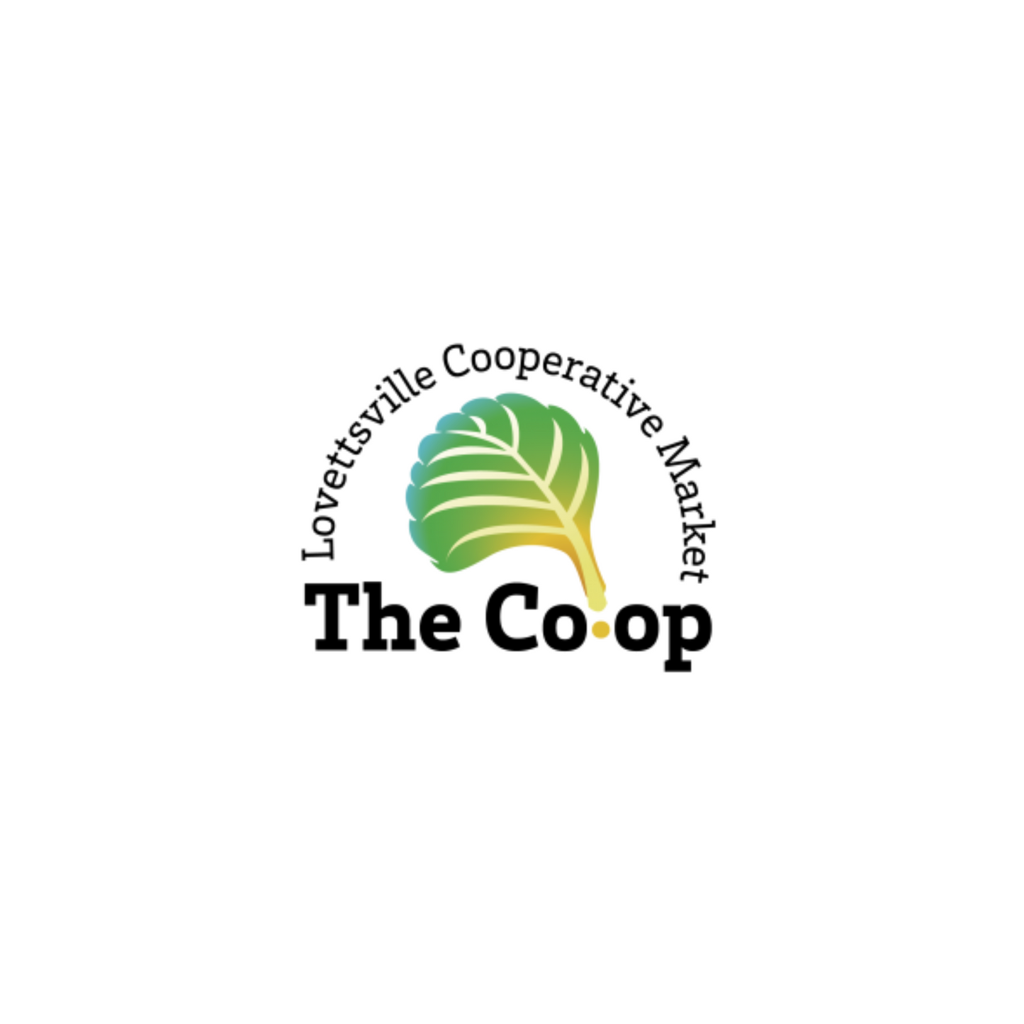 Logo of Lovettsville Cooperative Market The Co-op with a green leaf design on a white background