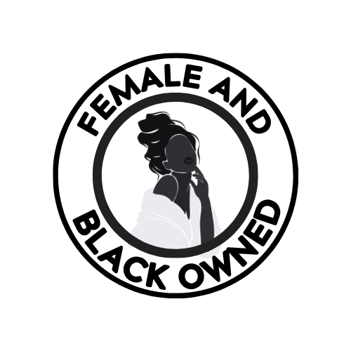 Logo with silhouette of a woman and text 'Female and Black Owned' on a white background