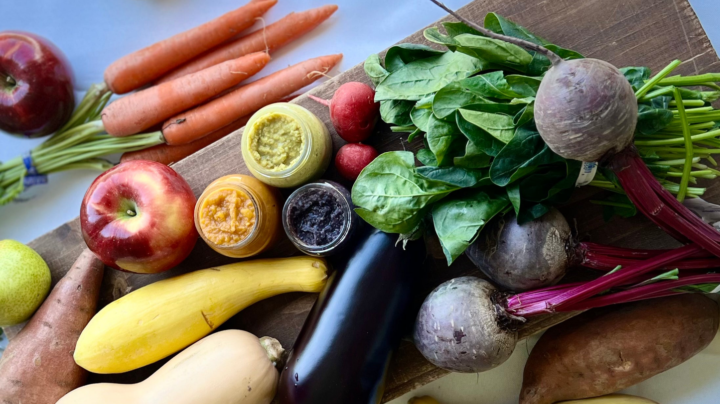 Chunky Vegan baby food jars of veggie blends displayed with fresh carrots, apples, spinach, squash, eggplant, radishes, sweet potatoes, and beets. Plant-based meals for infants and toddlers made with real produce and no preservatives.