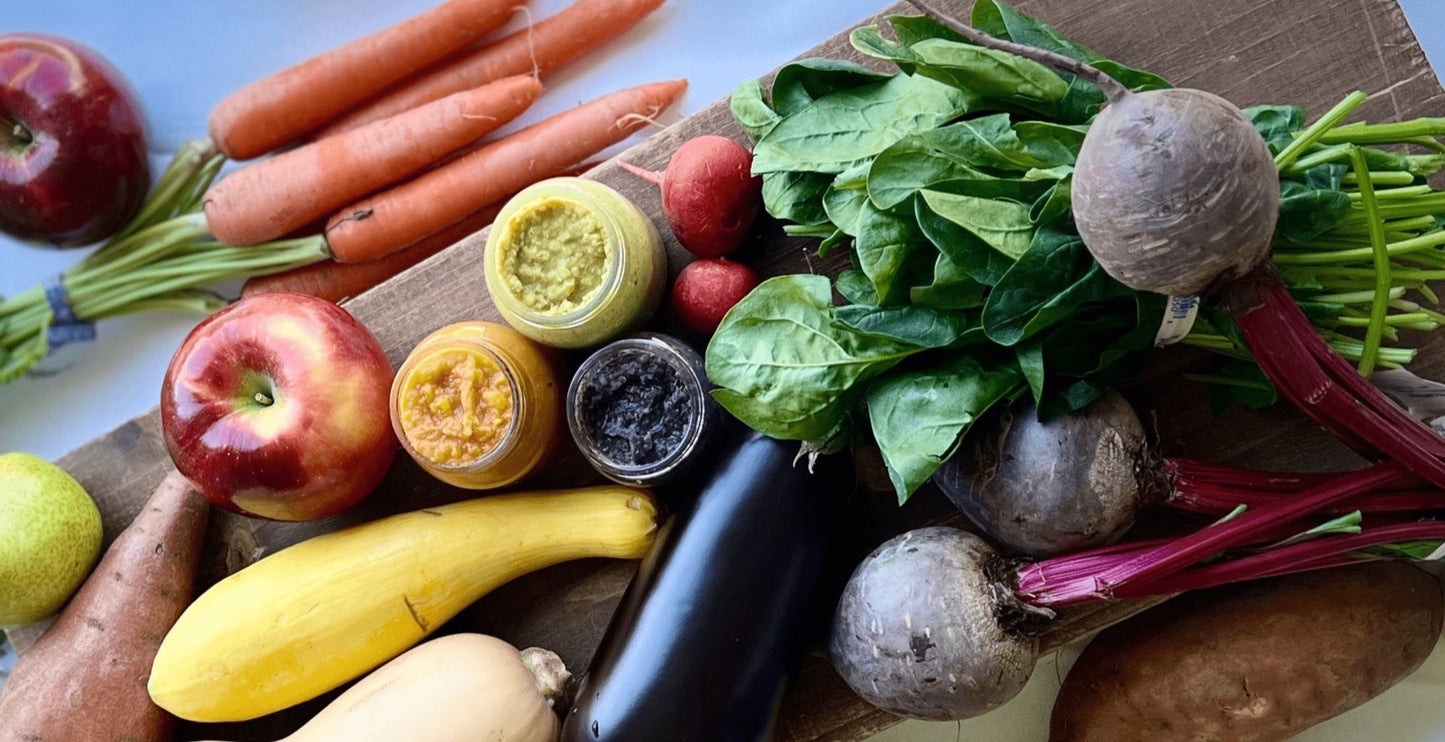 Chunky Vegan baby food jars of veggie blends displayed with fresh carrots, apples, spinach, squash, eggplant, radishes, sweet potatoes, and beets. Plant-based meals for infants and toddlers made with real produce and no preservatives.
