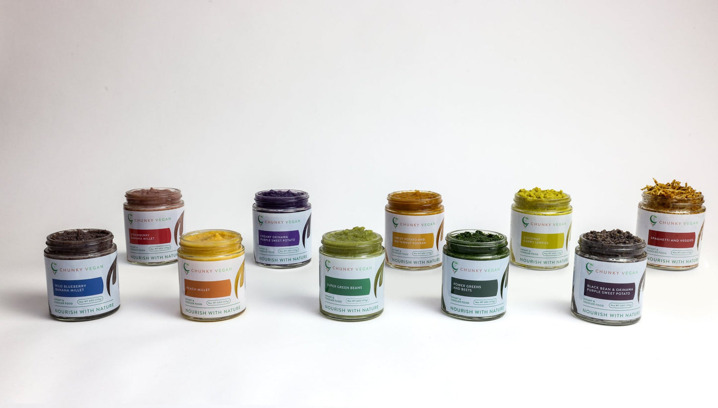 Row of small jars with colorful lids on a white background