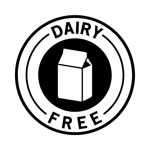 Black and white circular dairy-free icon featuring a milk carton illustration with the words ‘Dairy Free’ around it.