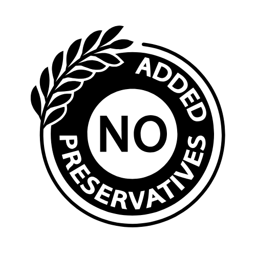 Black and white circular icon with a leaf design and the words ‘No Added Preservatives’ around the center.