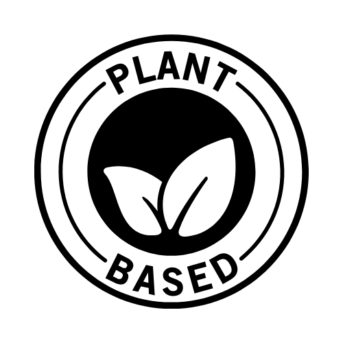 Black and white circular plant icon featuring a leaf illustration with the words ‘plant-based’ around it.