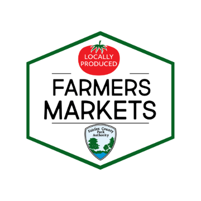 Hexagonal logo for locally produced farmers markets with a red tomato icon and green border.